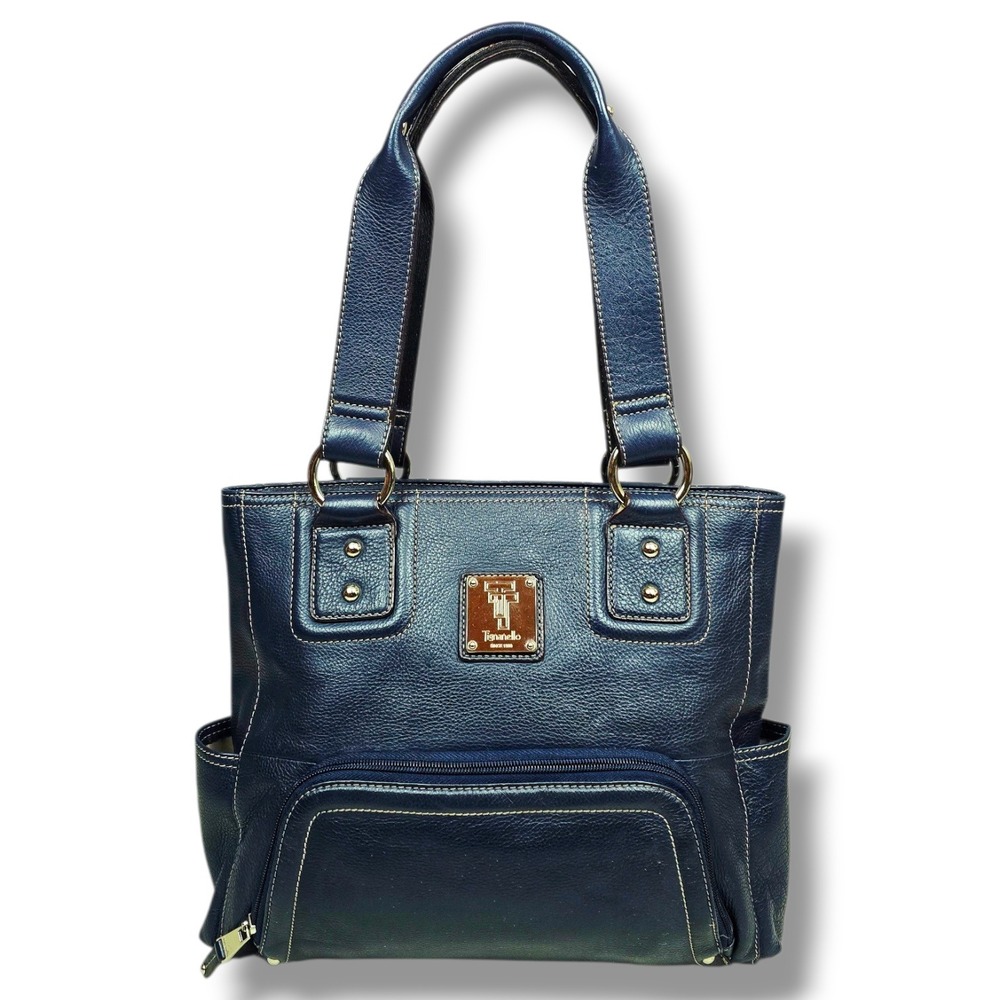 Tignanello Navy Blue Pebble Leather Organizer Shoulder Bag EUC‎